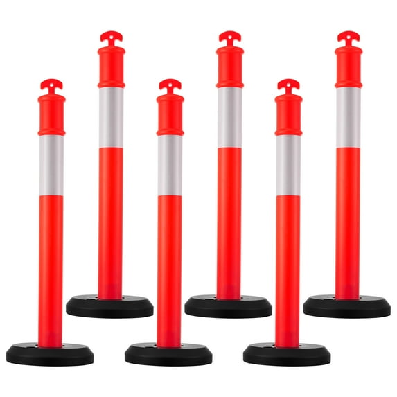 KFFKFF Set of 6 Traffic Delineator Posts, 48-Inch Safety Cones with Fillable Base and Reflective Strips, Durable Posts for Construction Zones, Parking Areas, and Crowd Management, Red