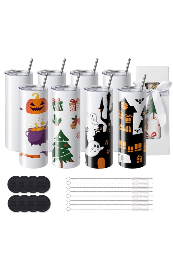Set of 8 Sublimation Tumblers, 20 Oz Slim and Straight, Stainless Steel Blank Sublimation Tumblers, Dual-Walled Stainless Steel Tumbler for Heat Transfer Personalized Presents