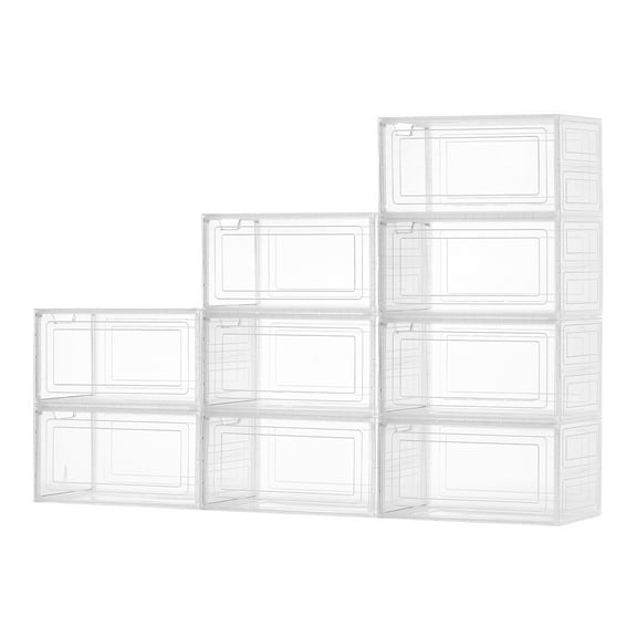 KFFKFF Set of 9 Clear Stackable Shoe Storage Boxes with Magnetic Doors, Fits Up to US Size 13, Plastic Organizers for Sneakers, High Heels, Boots, and Hats, Transparent White