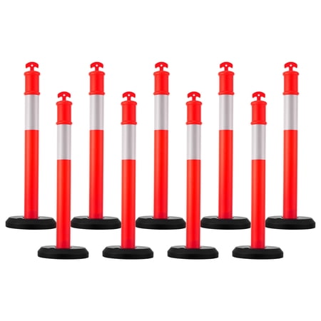 KFFKFF Set of 9 Traffic Delineator Posts, 44.8-inch Safety Cones with Fillable Base and Reflective Bands, Durable Posts for Construction Zones, Parking Areas, and Crowd Management, Red