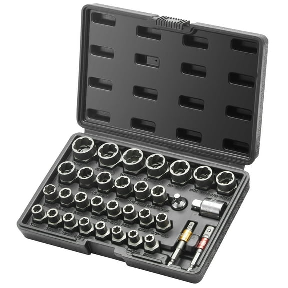 KFFKFF Set for Bolt Extraction, Collection of 29 Bolt and Nut Removal Tools, Ranging from 6mm to 10mm, 13/32" to 3/4", Fabricated from CR-MO Steel, Comes with a Storage Case