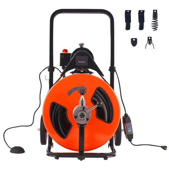 KFFKFF Sewer Auger 100FT x 3/4 Inch, Automatic Feed Drain Cleaner, Includes 4 Cutting Heads & Air-Powered Foot Pedal, Suitable for 1"-4" Pipes