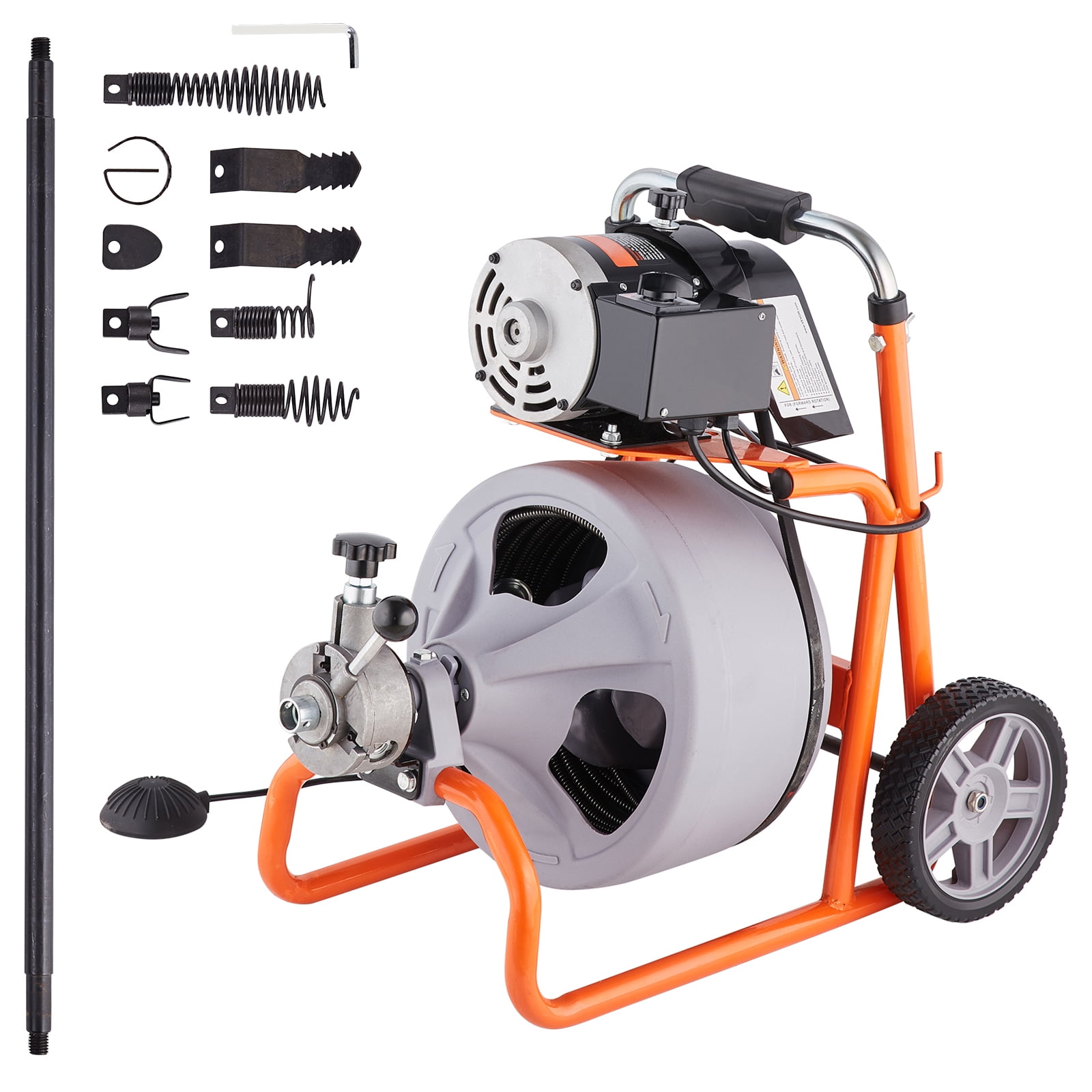 KFFKFF Sewer Snake Auger, 100FT x 3/8 Inch with Auto Feed, Mounted on Wheels, Includes 8 Cutters & Foot-operated Air Switch, Ideal for Clearing 2"-4" Pipes