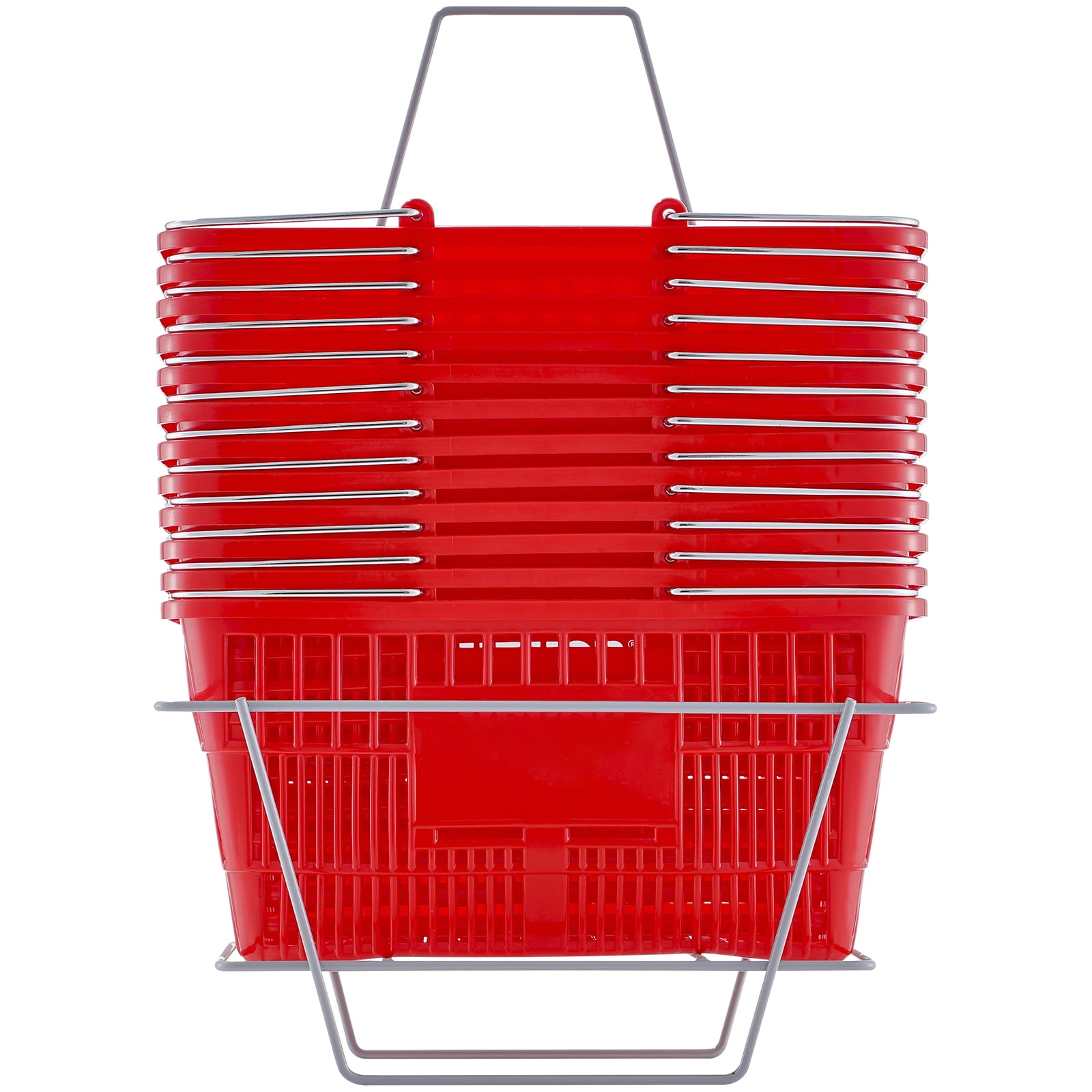 KFFKFF Shopping Baskets, 12-Pack, 21L Sturdy Plastic Market Baskets with Metal Handles & Stand, Dimensions: 16.73x12.01x8.58 inches, Convenient for Retail & Grocery Stores, Red