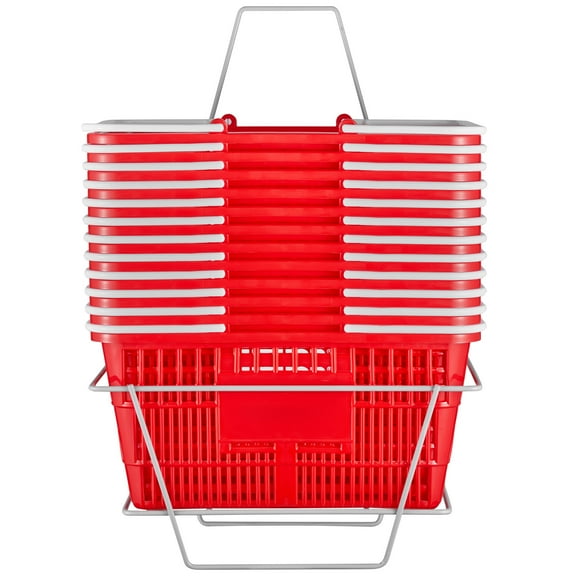 KFFKFF Shopping Baskets, 12-Pack, 21L Sturdy Plastic, with Handles & Stand, 16.5x11.8x8.27 in, for Retail & Grocery, Red