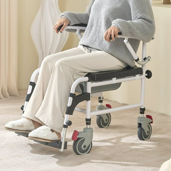 KFFKFF Shower Commode Wheelchair with 4 Lockable Wheels Footrests Flip-up Arms