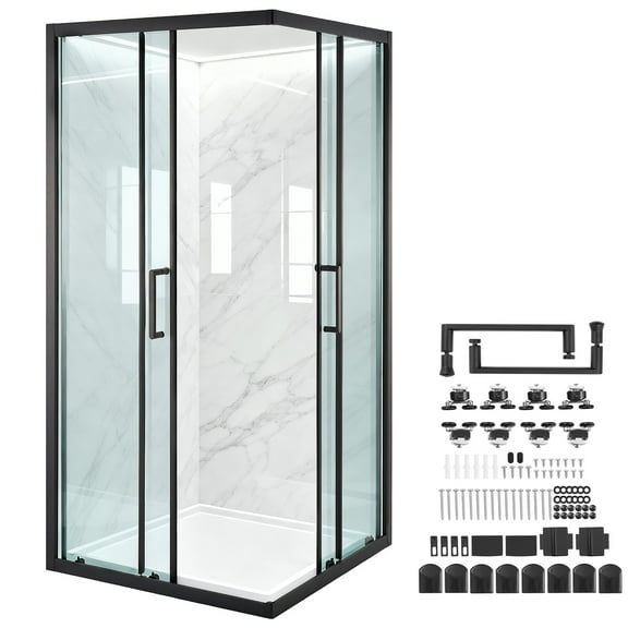 KFFKFF Shower Enclosure, 35 in. D x 35 in. W x 72 in. H, Corner Design with Double Sliding Doors, 1/4 in. Clear Tempered Glass, Bathroom Stall Kit with Matte Black Frame & Magnetic Seal