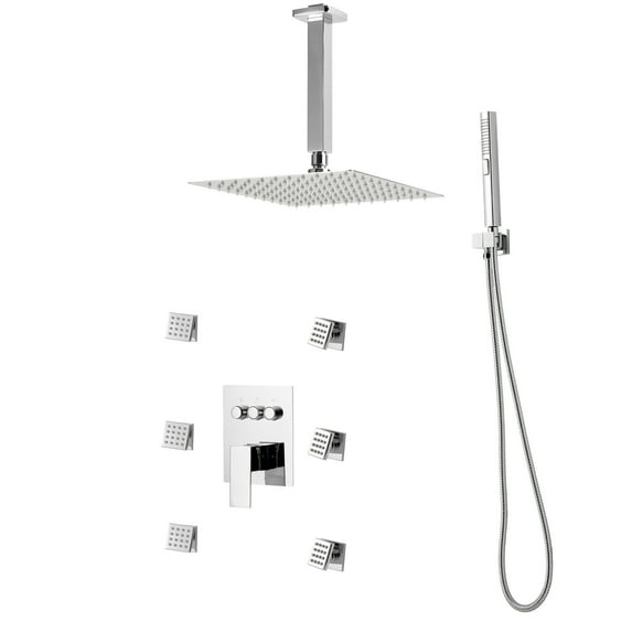 KFFKFF Shower Faucet Set – 10" Ceiling Rainfall Head, 6 Body Jets & 2-in-1 Handheld Sprayer, 3-Function Rotatable Rain Head