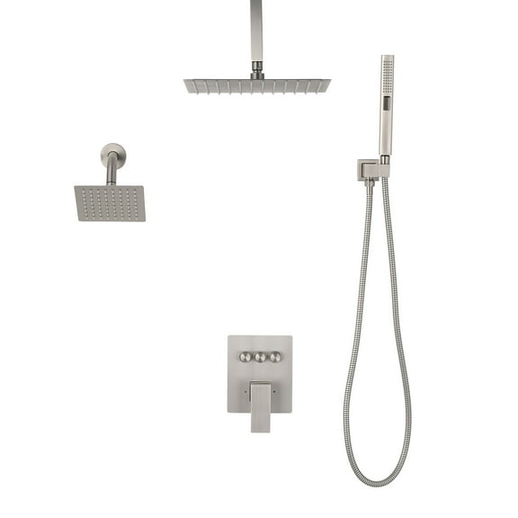 KFFKFF Shower Faucet Set with 10-Inch Ceiling Rainfall Shower, 6-Inch Wall-Mounted Head, and 2-in-1 Handheld Sprayer, Rotatable Dual Rain Head with 3 Functions, Brass Valve & Trim Kit
