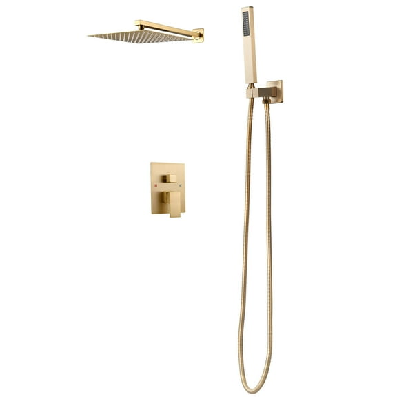 KFFKFF Shower Faucet Set with 10-Inch Rain Shower Head and Handheld Spray, Wall-Mounted Bathroom Fixtures with Brass Valve and Trim Kit, Brushed Gold Finish