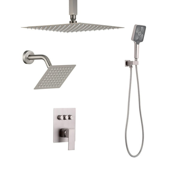 KFFKFF Shower Faucet Set, 12" Ceiling Rainfall Head, 6" Wall-Mounted Head, 4-in-1 Handheld Spray, Rotatable Dual Rain System