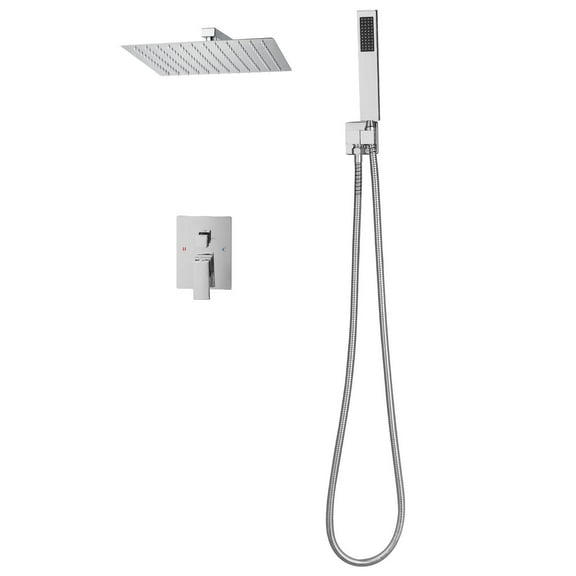 KFFKFF Shower Faucet Set with 12-Inch Square Rain Shower Head and Handheld Spray, Wall-Mounted Bathroom System with Brass Valve and Trim Kit, Silver Chrome