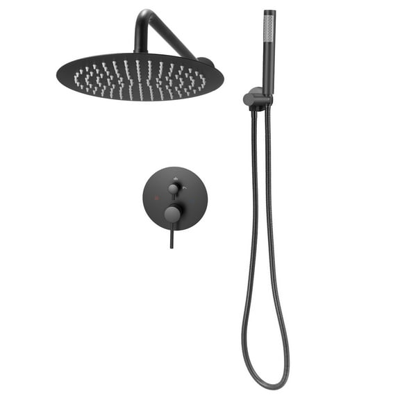 KFFKFF Shower Faucet Set, Bathroom Shower System with 10-Inch Round Rain Shower Head and Handheld Spray, Wall-Mounted Bath Fixtures with Brass Valve and Trim Kit, Matte Black