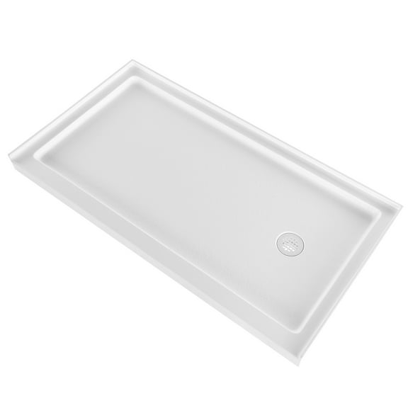KFFKFF Shower Pan, 60 L x 30 W Single Threshold Base, Rectangular Acrylic & PVC Bathroom Shower Base in White, Non-Slip Design with Drain and Cover, Right-Side Drain Placement