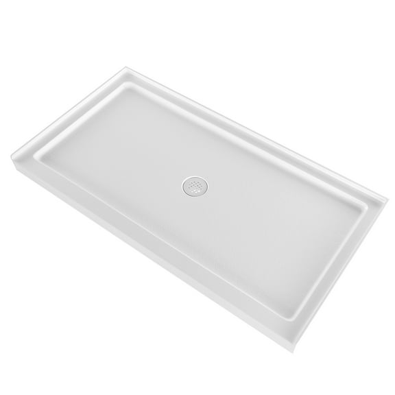 KFFKFF Shower Pan, 60 L x 32 W Single Threshold Base, Rectangular Acrylic & PVC Shower Base in White, Non-Slip Bathroom Pan with Drain and Cover, Center Drain Design