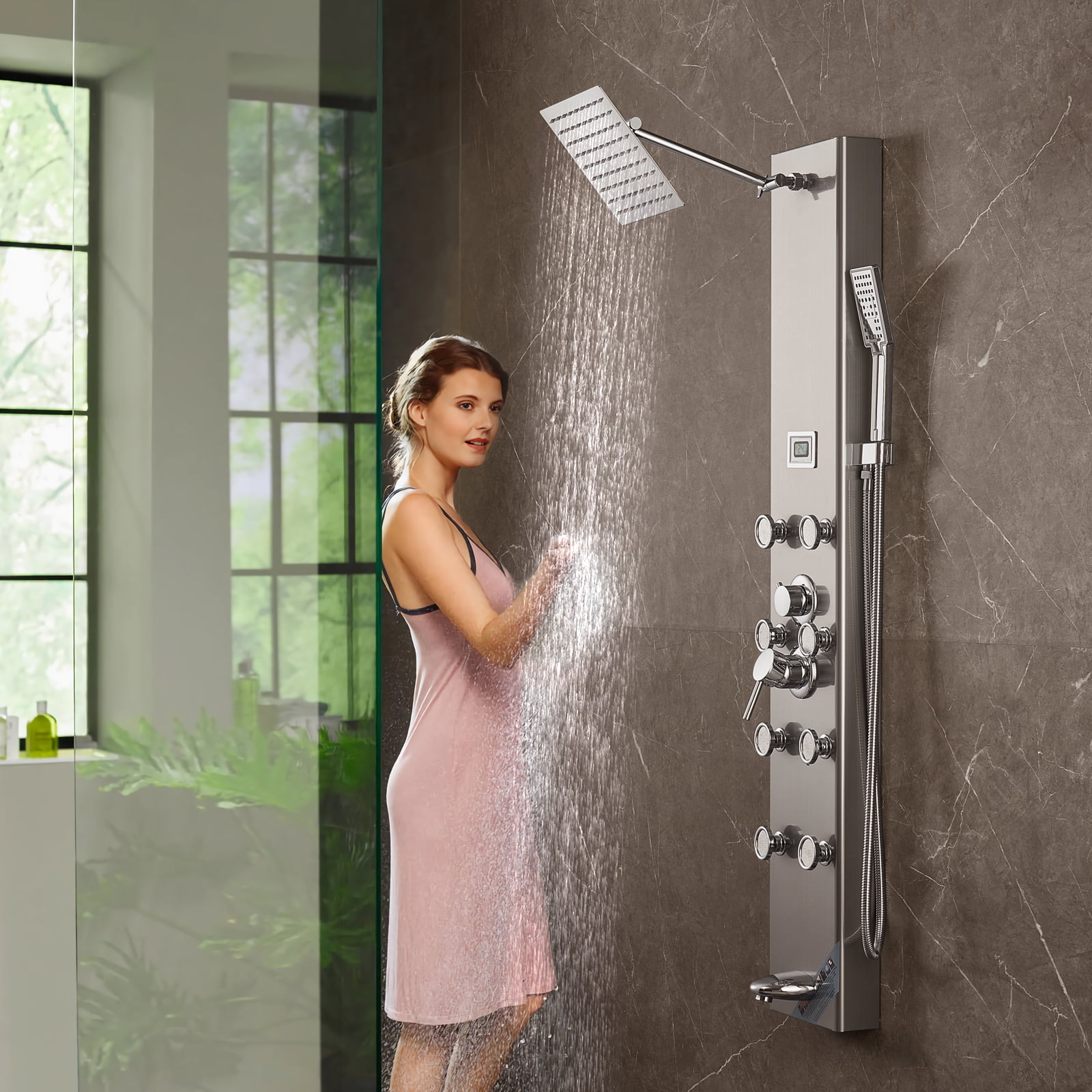 KFFKFF Shower Panel 6 Modes Digital Tower System Display Stainless Steel Rainfall