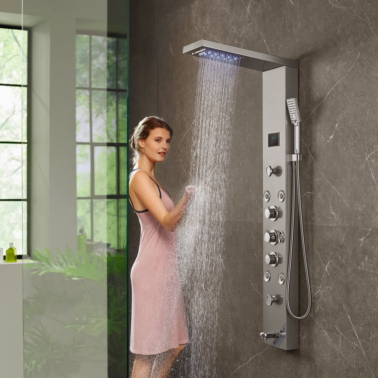 KFFKFF Shower Panel Tower System 6 Modes Hydroelectricity LED Stainless Steel