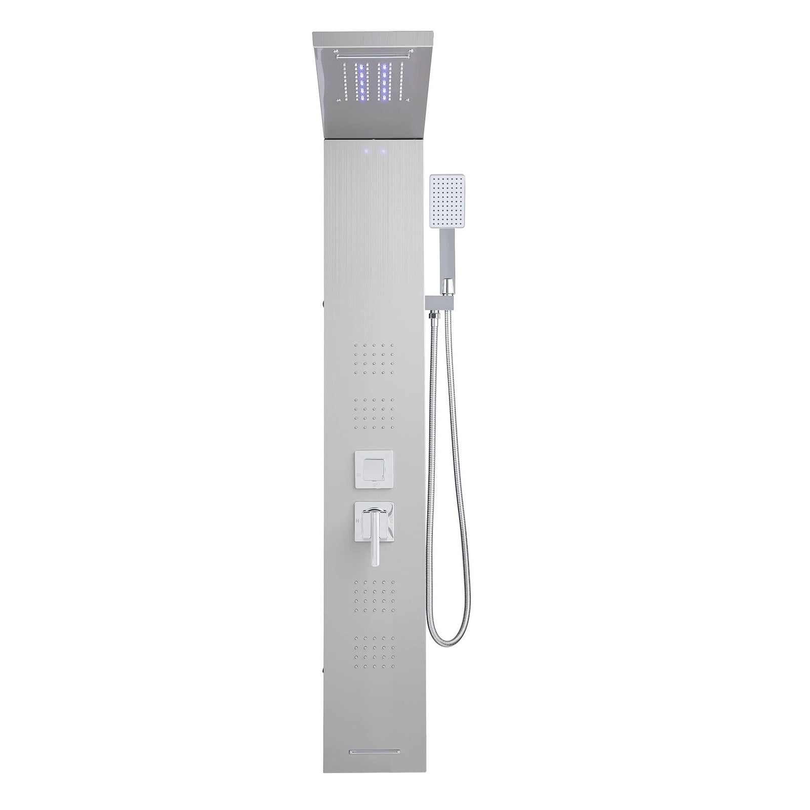 KFFKFF Shower Panel Tower System, Incorporating Rainfall Waterfall Shower Head, LED, 53 in Brushed Stainless Steel Shower Column, 5-Function Faucet, Wall-Installed Rain Massage System