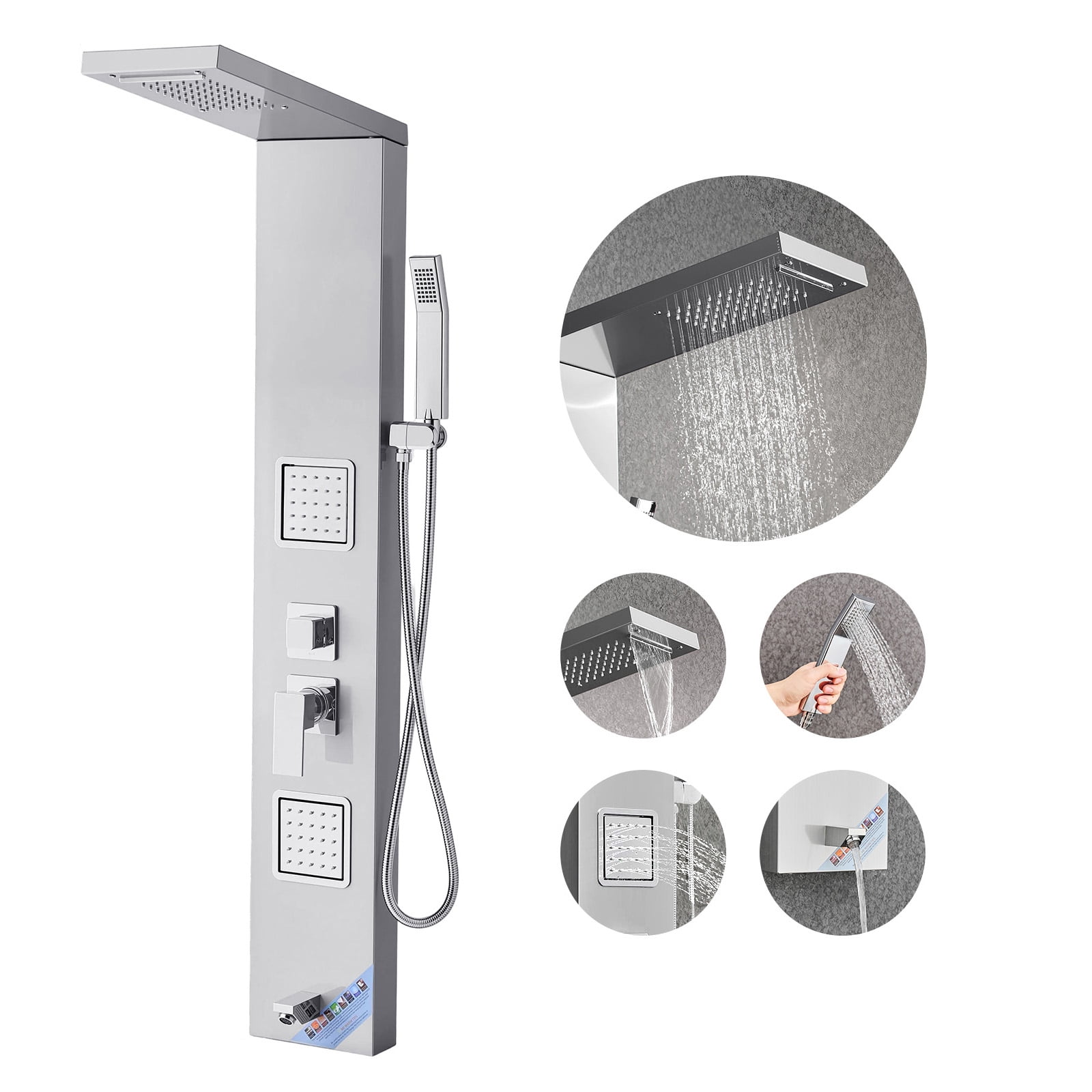 KFFKFF Shower Panel Tower System with Rainfall and Waterfall Shower Head, 53-Inch Brushed Stainless Steel Column, Multi-Function Faucet, Wall-Mounted Massage System with Body Jets, Handheld Shower