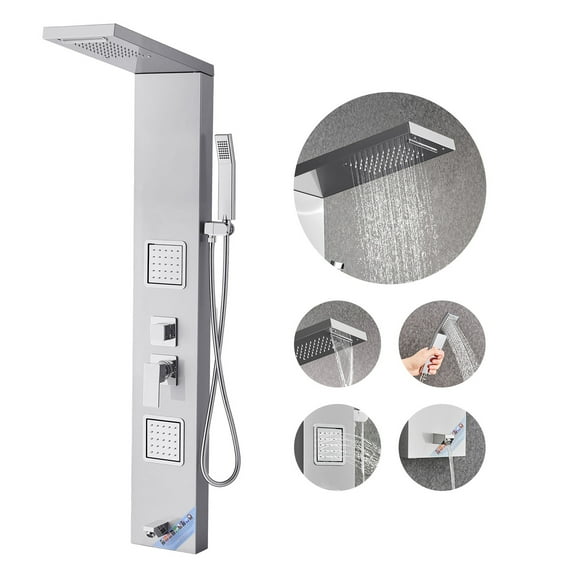 KFFKFF Shower Panel Tower System with Rainfall and Waterfall Shower Head, 53-Inch Brushed Stainless Steel Column, Multi-Function Faucet, Wall-Mounted Massage System with Body Jets, Handheld Shower