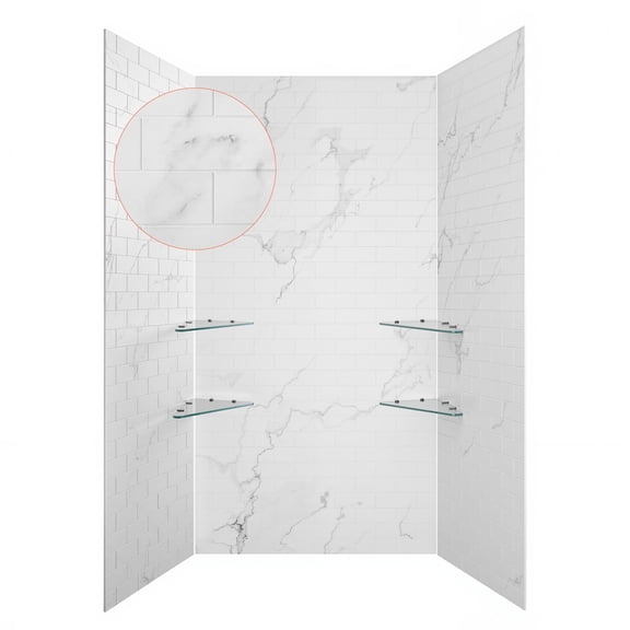 KFFKFF Shower Wall Panels, 48" W x 36" D x 96" H, 0.14" (3.5 mm) Thick, 3-Panel Waterproof SMC Bathroom Surround Kit, Easy-to-Install and Adjustable Tub Wall Panels with 4 Glass Shelves