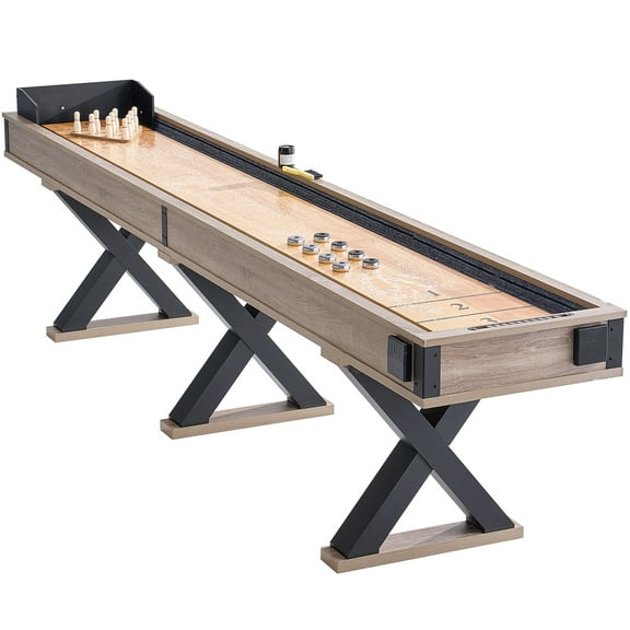 KFFKFF Shuffleboard and Bowling Table, 11.5 ft, Dual-Use Design for Game Rooms, Durable with Scratch-Resistant Surface, Includes Legs, 8 Pucks, Bowling Pins, Wax, and Brush