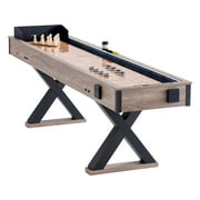 KFFKFF Shuffleboard and Bowling Table, 9 ft with LED Illumination for Home Entertainment, Dual-Use Game Set, Durable Surface, Sturdy Legs, Includes 8 Pucks, Bowling Pins, Wax, and Brush