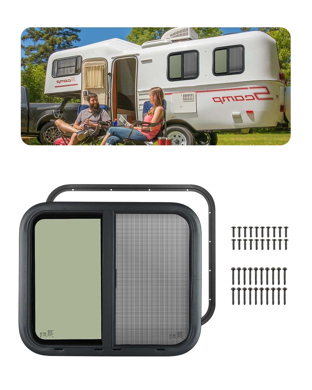 KFFKFF Side RV Window, Dimensions 24" W x 20" H, Shaded Sliding RV Window with Mesh Screen & Decorative Ring, Suitable for 15/16"-1 3/4" Wall Thickness, DOT Certified