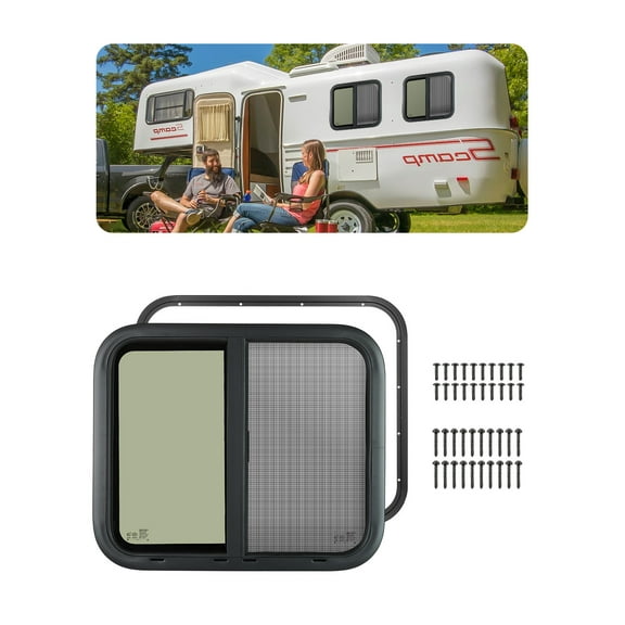 KFFKFF Side RV Window, Dimensions 24" W x 20" H, Shaded Sliding RV Window with Mesh Screen & Decorative Ring, Suitable for 15/16"-1 3/4" Wall Thickness, DOT Certified