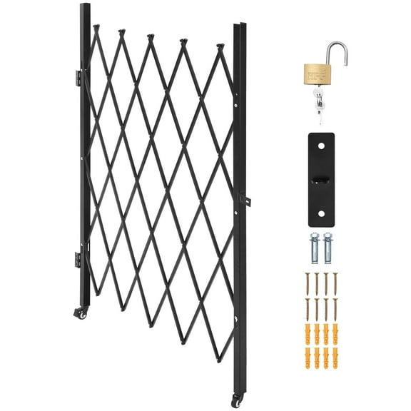 KFFKFF Single Folding Security Gate, Lockable Scissor Gate with Swivel Casters, Steel Retractable Gate for Entry, Garage, Warehouse, and Pool, 49.61 x 77.76 in (W x H)