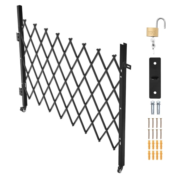 KFFKFF Single Folding Security Gate, Lockable Scissor Gate with Swivel Casters, Steel Retractable Gate for Entry, Garage, Warehouse, and Pool, 66.93 x 51.57 in (W x H)