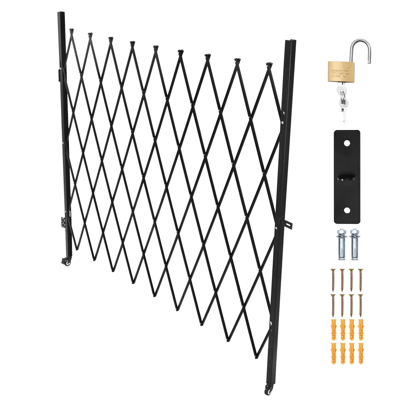 KFFKFF Single Folding Security Gate, Lockable Scissor Gate with Swivel Casters, Steel Retractable Gate for Entryways, Garages, Warehouses, and Pools, 86.61 x 86.81 in (W x H)