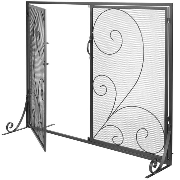 KFFKFF Single Panel Fireplace Screen with Door, Robust Iron Mesh, 39"(L) x31.6"(H) Spark Protection Cover, Easy Setup, Independent Fire Barrier Grid for Lounge Home Ornament Retro