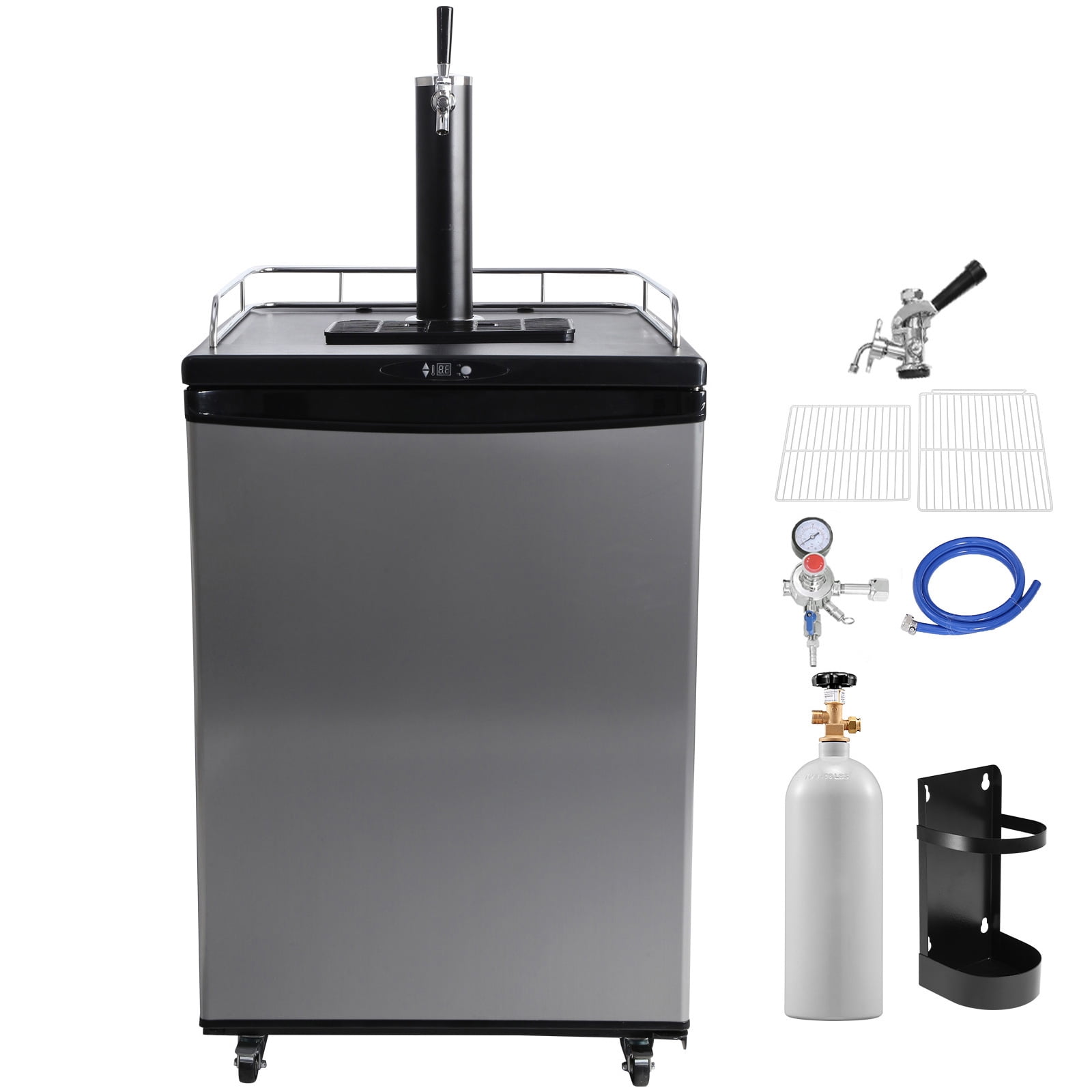 KFFKFF Single Tap Draft Beer Dispenser with Adjustable Temperature, Full-Size Keg Refrigerator Featuring Shelves, CO2 Cylinder, Drip Tray, and Rail, Compatible with 1/6, 1/4, and 1/2 Barrels