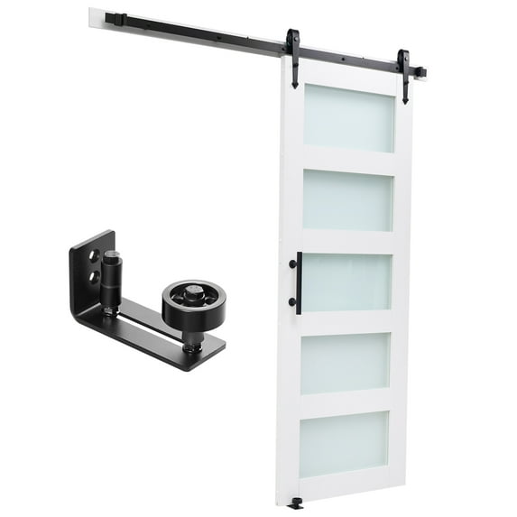 KFFKFF Sliding Barn Door, 30 x 84 inch, Durable MDF Panel with Glass, Barn Door with Hardware Kit, Water-Resistant PVC Finish, Simple Installation, H-Frame Design, Smooth Sliding for Living Spaces