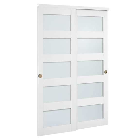 KFFKFF Sliding Closet Door, 48" (Double 25") x 80", Frosted Glass Bypass Doors with Hardware Kit & Floor Guide, Durable Wood and MDF Panels with Waterproof PVC Coating for Bedrooms and Closets