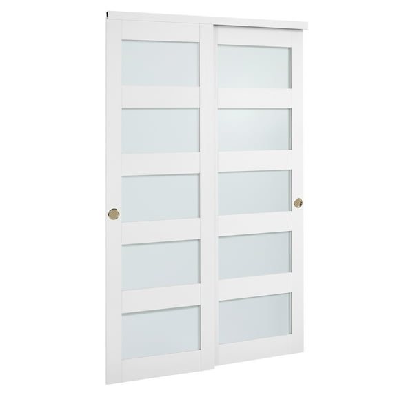 KFFKFF Sliding Closet Door, 48" (Double 25") x 80", Frosted Glass Bypass Doors with Hardware Kit & Floor Guide, Durable Wood and MDF Panels with Waterproof PVC Coating for Bedrooms and Closets
