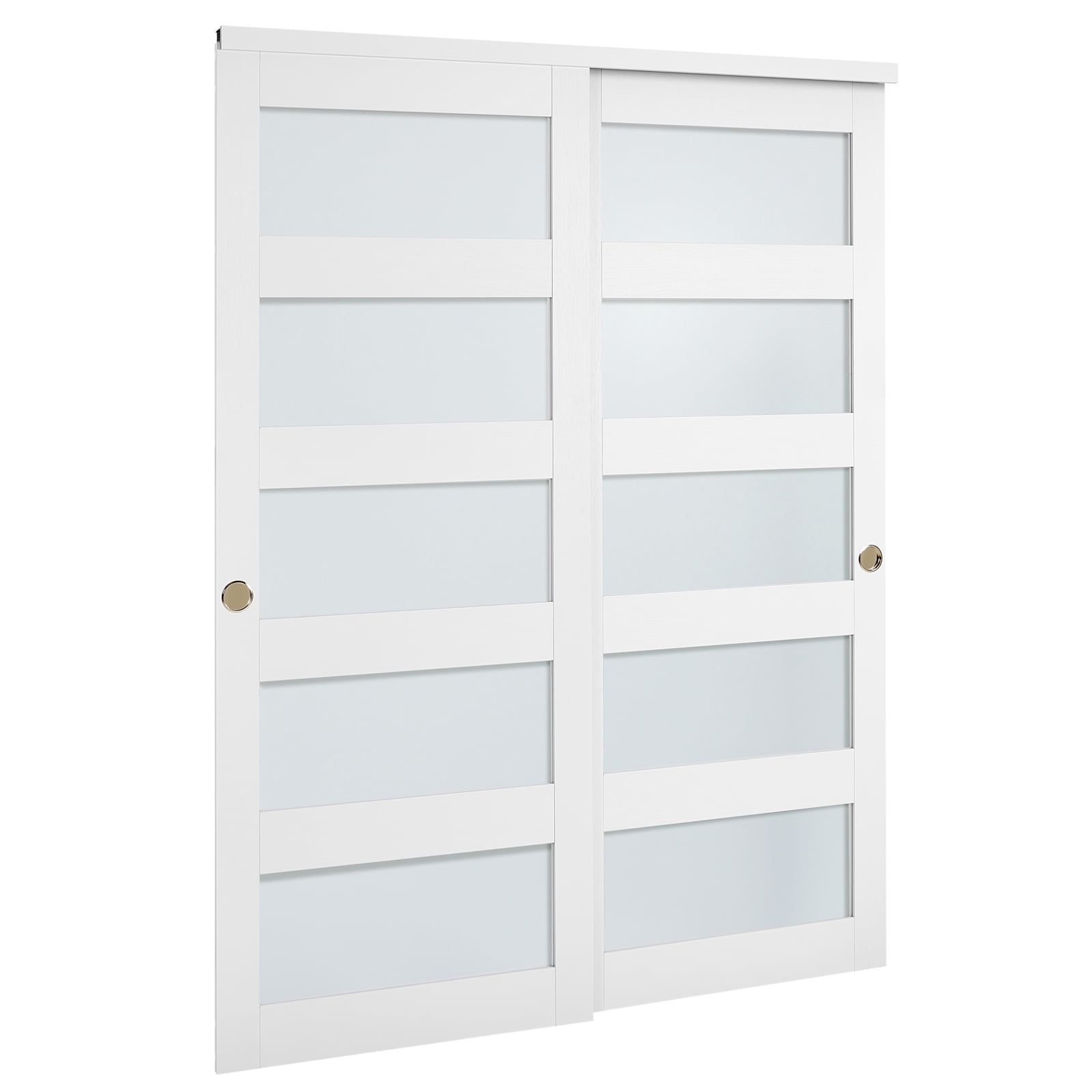 KFFKFF Sliding Closet Door, 60" (Double 31") x 80", Frosted Glass Bypass Doors with Hardware Kit & Floor Guide, Durable Wood and MDF Panels with Water-Resistant PVC Finish for Bedrooms and Closets