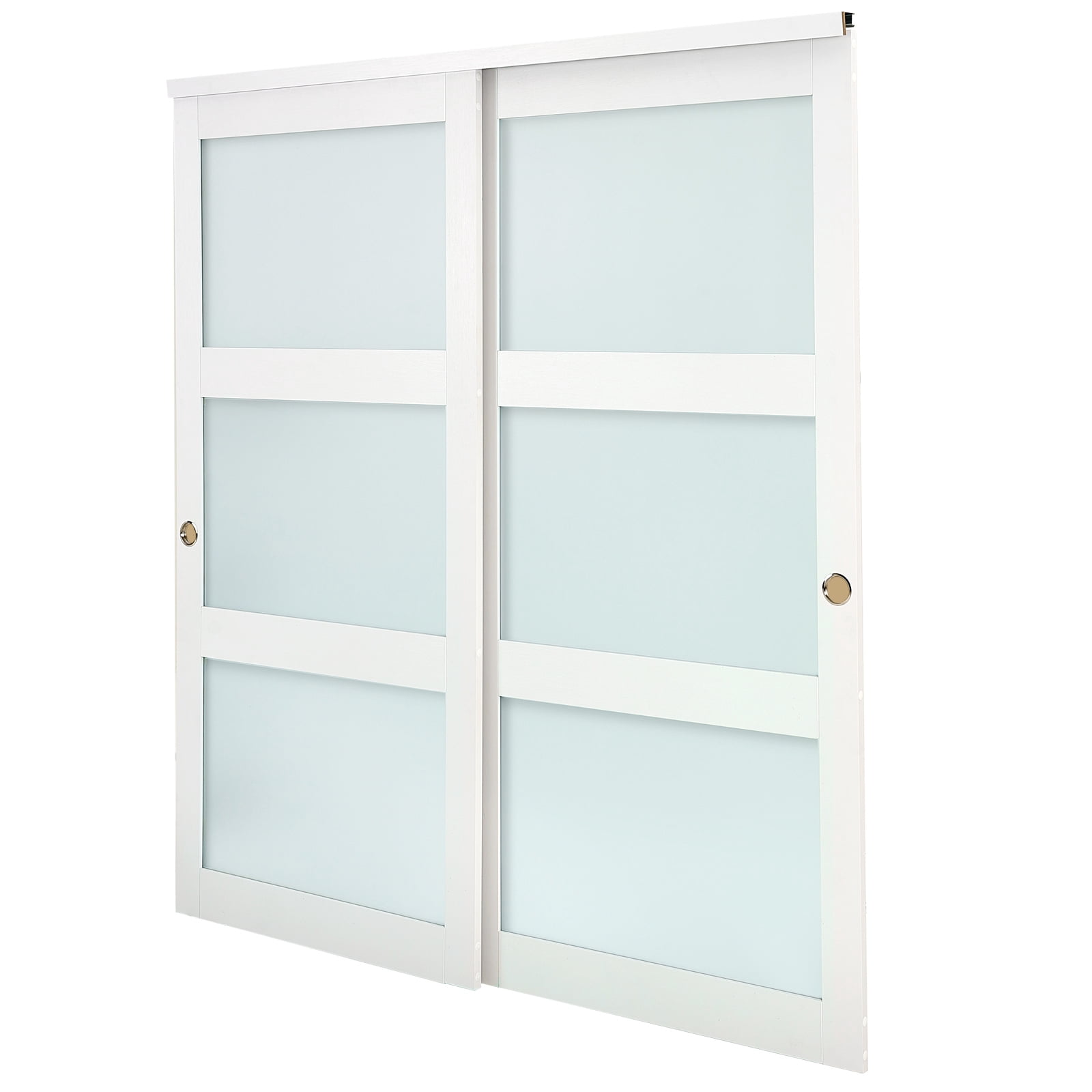 KFFKFF Sliding Closet Door, 72" (Double 37") x 80", Frosted Glass Bypass Doors with Hardware Kit & Floor Guide, Durable Wood and MDF Panels with Water-Resistant PVC Coating for Bedrooms and Closets