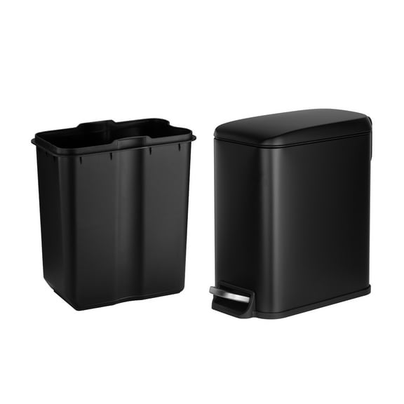 KFFKFF Slim Bathroom Trash Can, 11.4 x 5.71 x 10.7 Inch Compact Trashcan with Step Pedal & Quiet-Close Lid, 6L Steel Bin with Removable Inner Container, for Kitchen, Home, Dorm, Office, Black