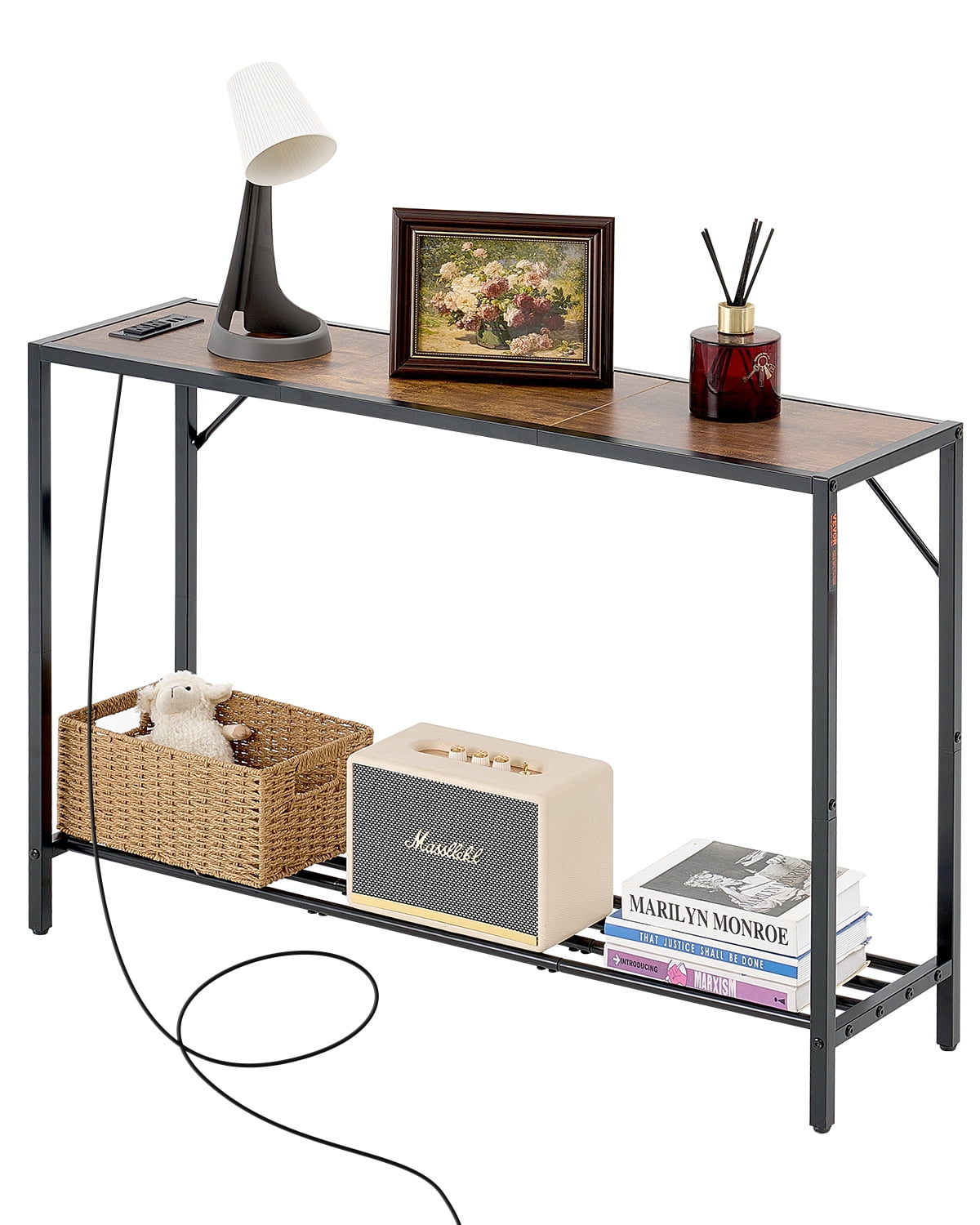 KFFKFF 2-Tier Console Table, 41.7”*11.6" Entryway Table with 2 Sockets and 2 USB ports, Slim Couch Table with Metallic Structure and Charging Hub