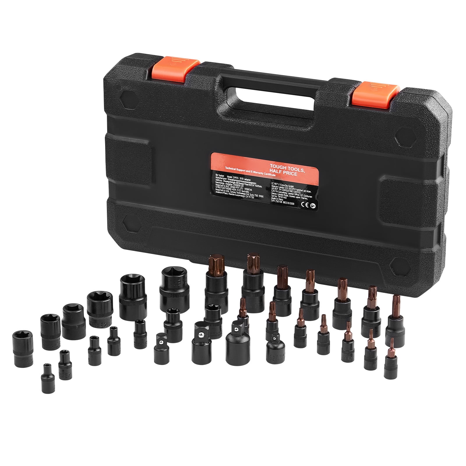 KFFKFF Socket Set with Torx Bit and External Torx, 31 Elements T8-T70 and E4-E24, S2 Alloy Steel and Cr-V Steel, Drives of 1/4 in, 3/8 in, and 1/2 in, Comes with Adapter and Upgraded Storage Case,