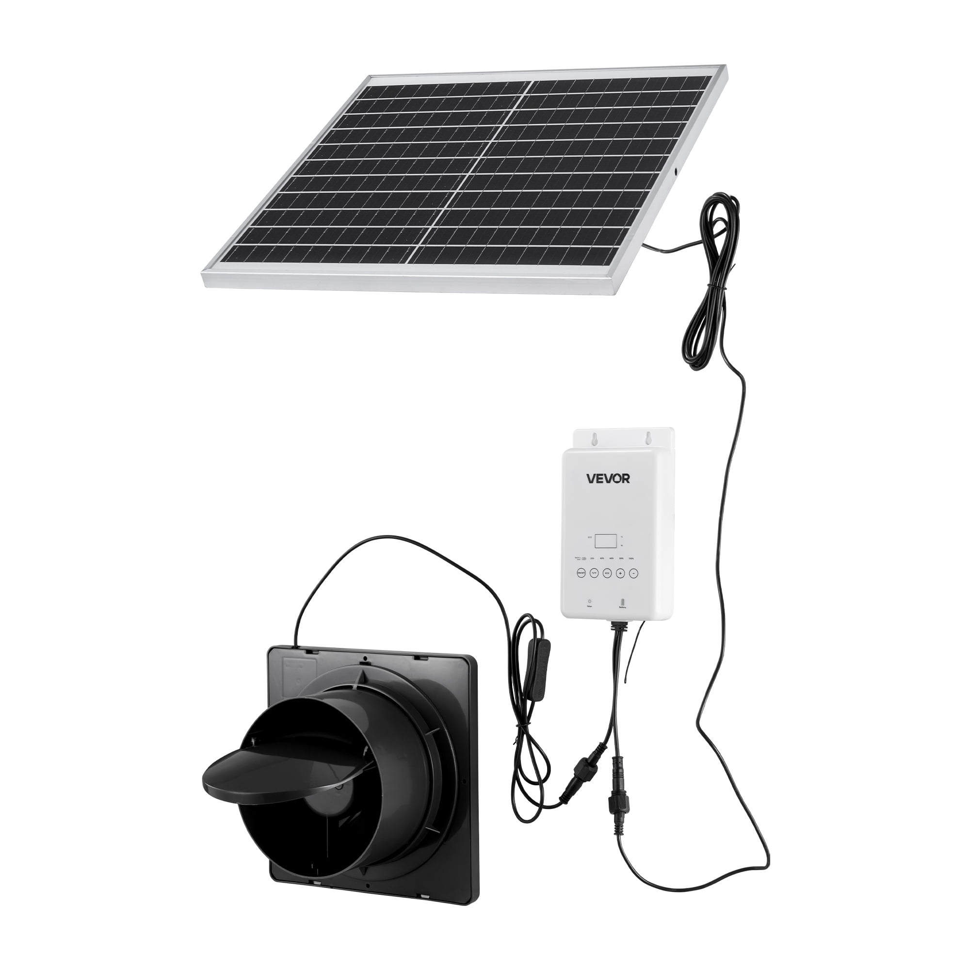KFFKFF Solar-Powered Ventilation Fan, 20W Panel with Battery Backup, 220 CFM Airflow, Adjustable Panel Angle, 2030 RPM Speed, Efficient Air Circulation for Greenhouses, Tents, Coops, and Shelters