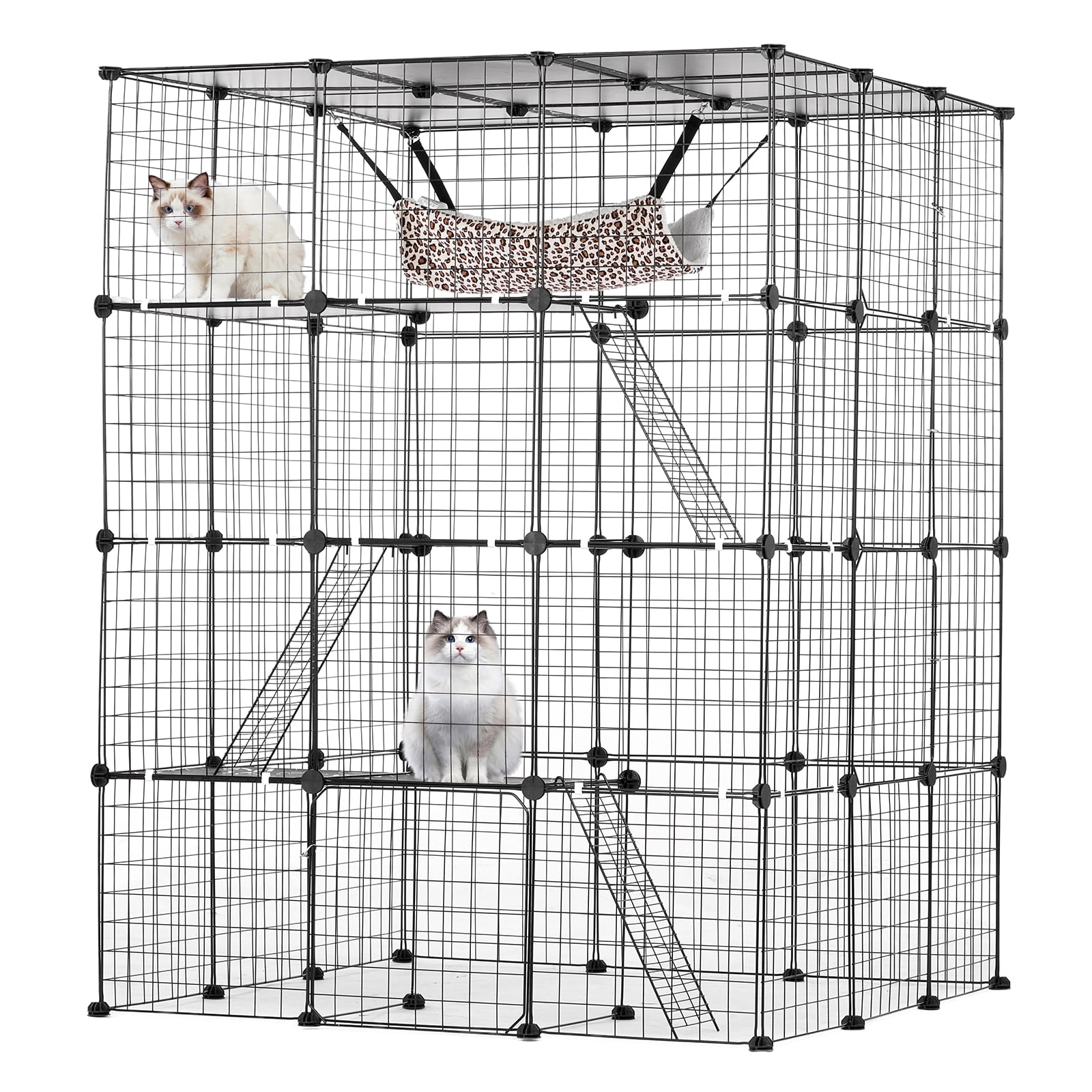 KFFKFF Spacious 4-Level Cat Habitat, Dimensions 41 x 41 x 55", Modular Steel Wire Feline Pen, Featuring 4 Entryways, Hammock, Inclined Walkways, Suitable for Indoor & Outdoor Exercise Area for Cats