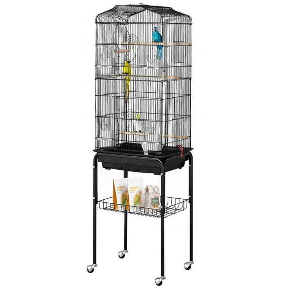 KFFKFF Spacious Bird Enclosure, 62 inches, Uncovered Top Canary Habitat with Mobile Base, Iron Aviary with Detachable Pan, Finch Birdhouse with 4 Roosts, Lovebird and Cockatiel Pet Playhouse