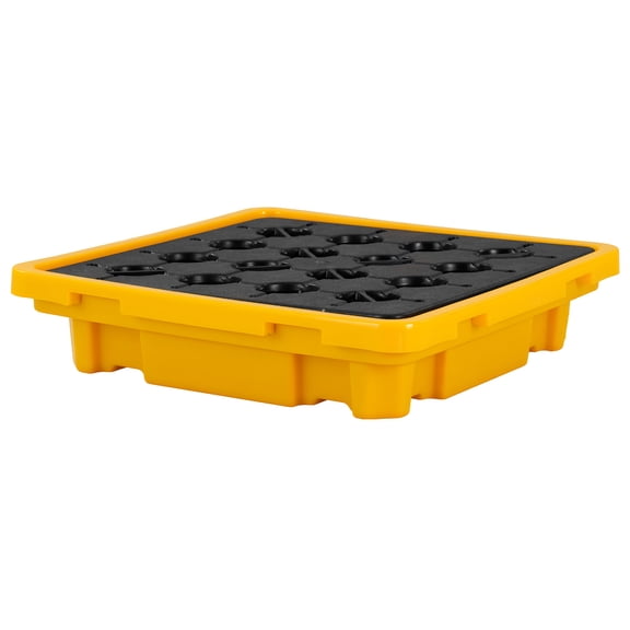 KFFKFF Spill Containment Pallet, 1-Drum Low-Profile Modular Platform, 11.4-Gallon Capacity, 1543 lbs Load Support, Durable Polyethylene Tray with Drain, 26.4" x 26.6" x 5.9", Yellow