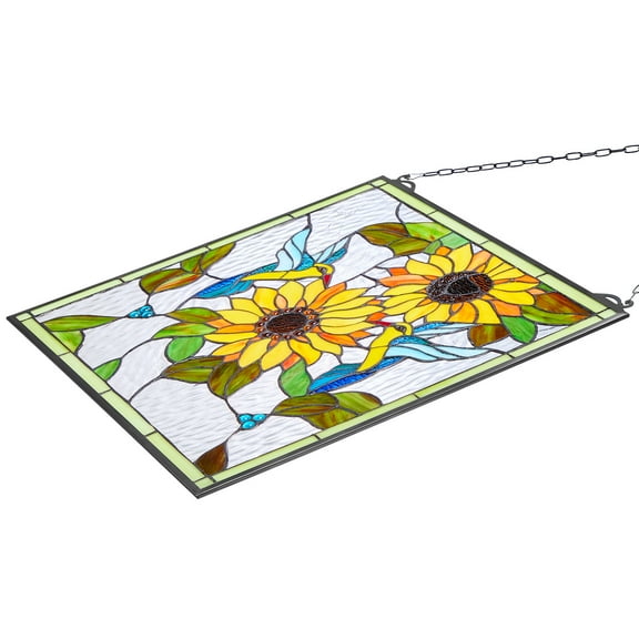 KFFKFF Stained Glass Window Panel, 20 x 20 in, Tiffany-Inspired Hanging Transom with Chain, Vertical Rectangle Design, Classic Handcrafted Art for Kitchen and Home Decoration