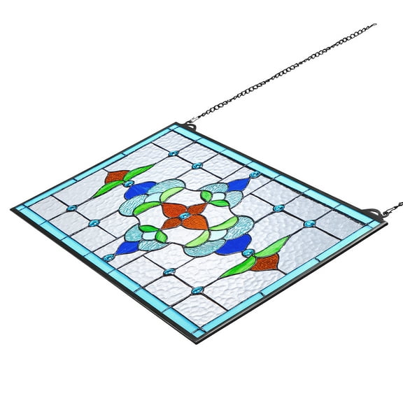 KFFKFF Stained Glass Window Panel, 26 x 16 in, Tiffany-Inspired Hanging Transom Panel with Chain, Horizontal Rectangle Design, Classic Handcrafted Artwork for Kitchen and Home Decoration