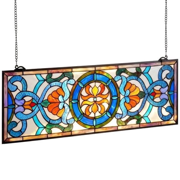 KFFKFF Stained Glass Window Panel, 35.1" x 12.9" Tiffany-Inspired Hanging Transom Panel with Chain, Horizontal Rectangle Design, Classic Decorative Handcrafted Art for Kitchen and Home