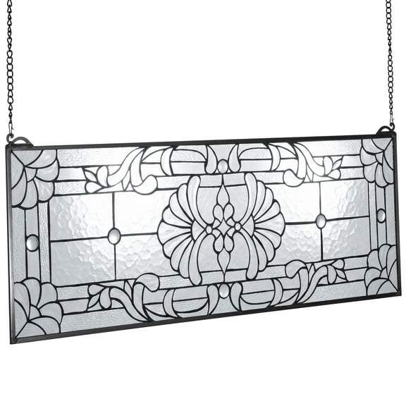KFFKFF Stained Glass Window Panel, 35.2" x 13" Tiffany-Inspired Horizontal Hanging Panel with Chain, Rectangular Decorative Glass Artwork for Kitchen and Home Decor